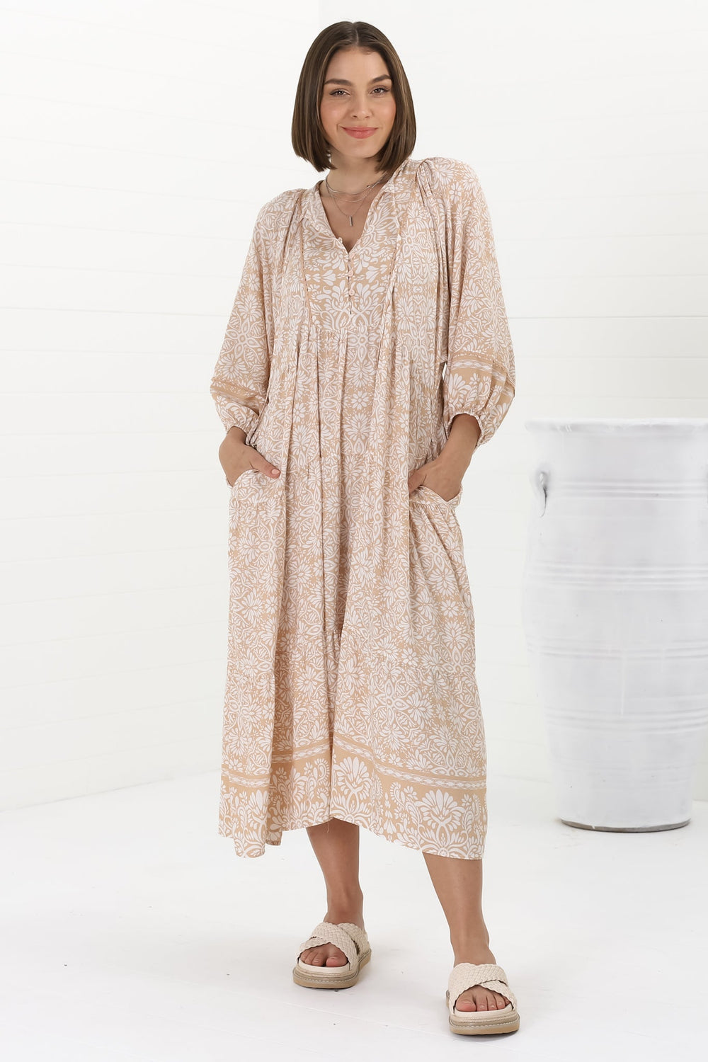 Kamali Midi Dress - Batwing Sleeve Smock Dress with Lace Detailing in Harley Print Beige
