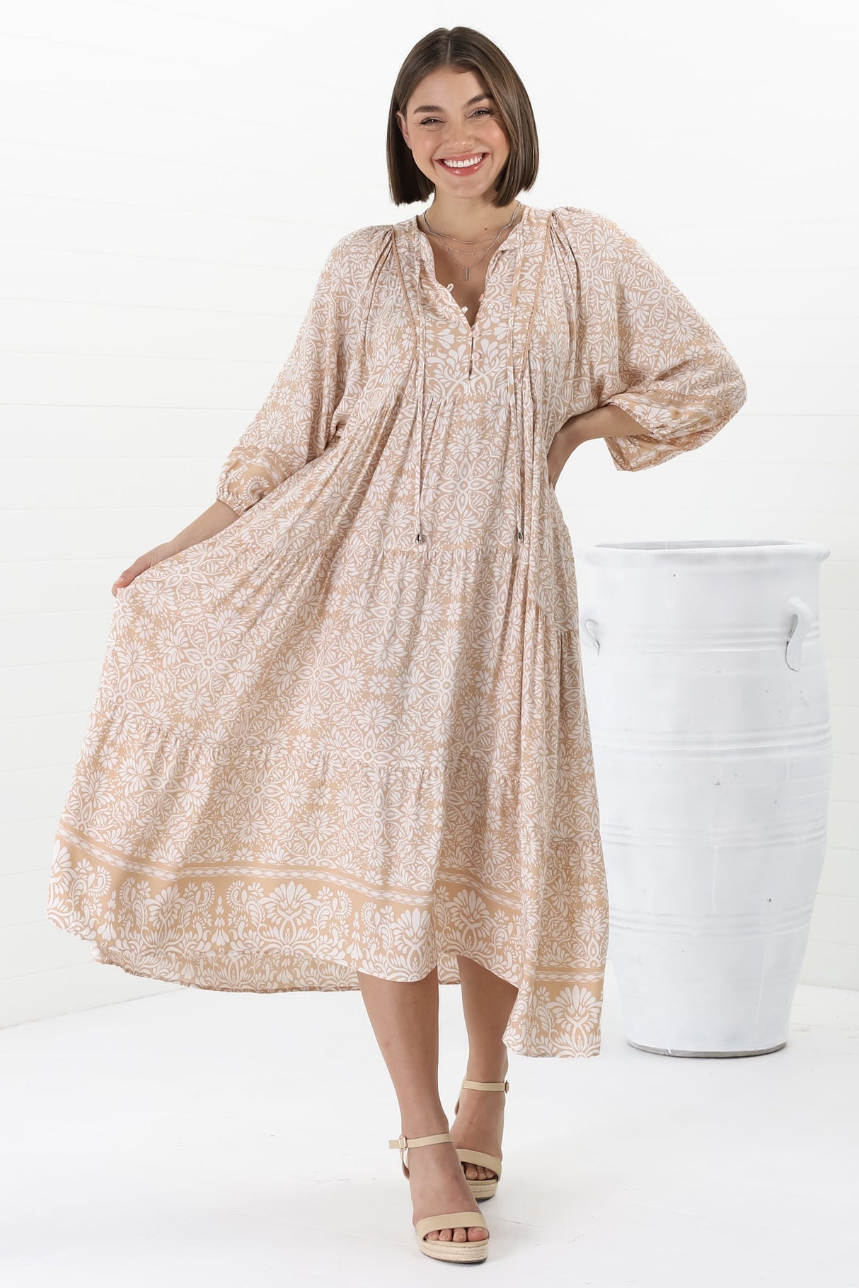 Kamali Midi Dress - Batwing Sleeve Smock Dress with Lace Detailing in Harley Print Beige