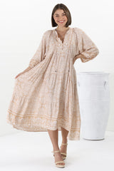 Kamali Midi Dress - Batwing Sleeve Smock Dress with Lace Detailing in Harley Print Beige