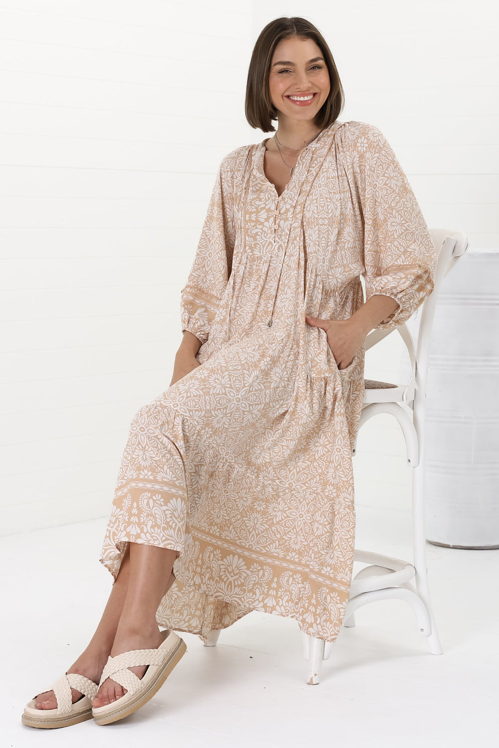 Kamali Midi Dress - Batwing Sleeve Smock Dress with Lace Detailing in Harley Print Beige