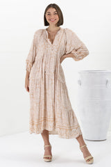 Kamali Midi Dress - Batwing Sleeve Smock Dress with Lace Detailing in Harley Print Beige