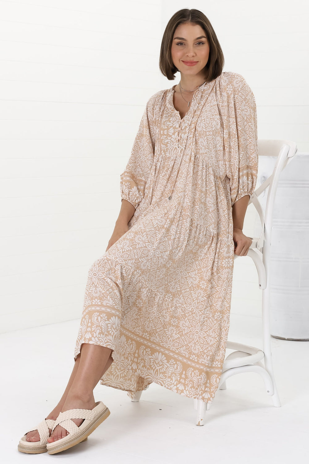 Kamali Midi Dress - Batwing Sleeve Smock Dress with Lace Detailing in Harley Print Beige