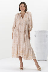 Kamali Midi Dress - Batwing Sleeve Smock Dress with Lace Detailing in Harley Print Beige