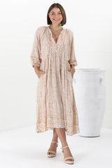 Kamali Midi Dress - Batwing Sleeve Smock Dress with Lace Detailing in Harley Print Beige