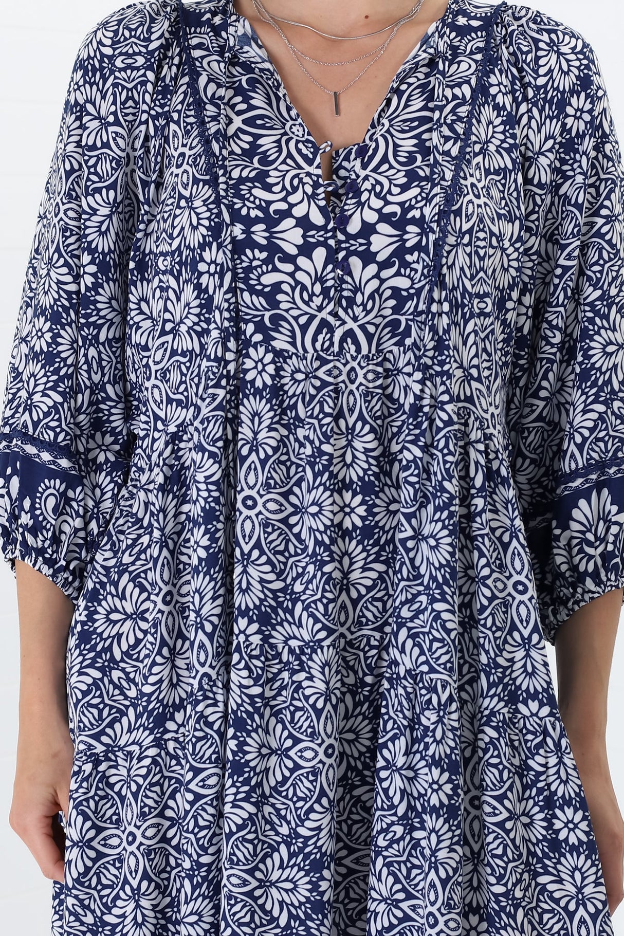 Kamali Midi Dress - Batwing Sleeve Smock Dress with Lace Detailing in Harley Print Blue