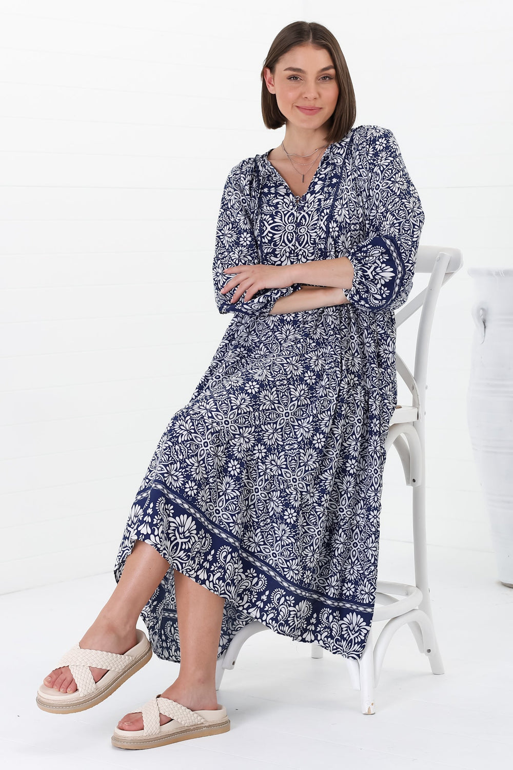 Kamali Midi Dress - Batwing Sleeve Smock Dress with Lace Detailing in Harley Print Blue