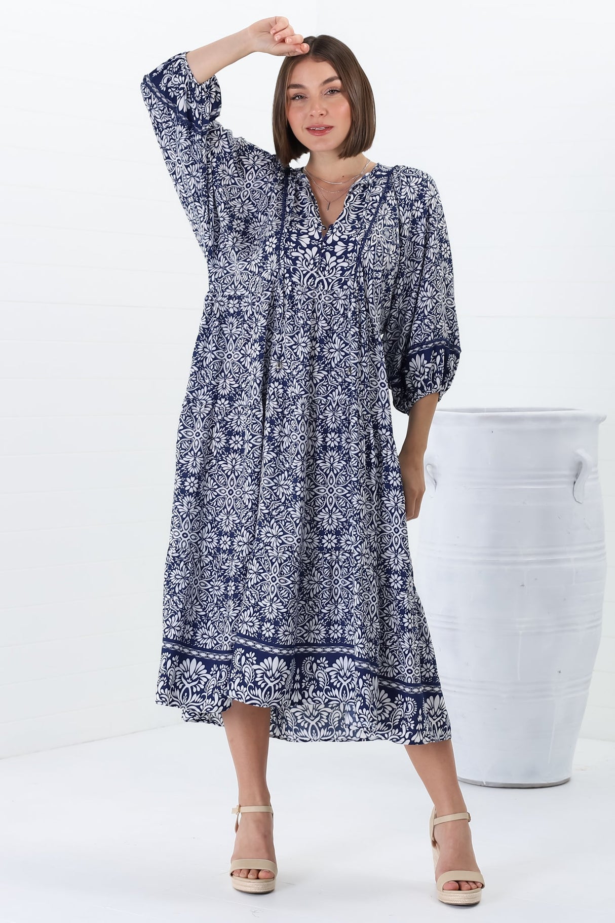 Kamali Midi Dress - Batwing Sleeve Smock Dress with Lace Detailing in Harley Print Blue