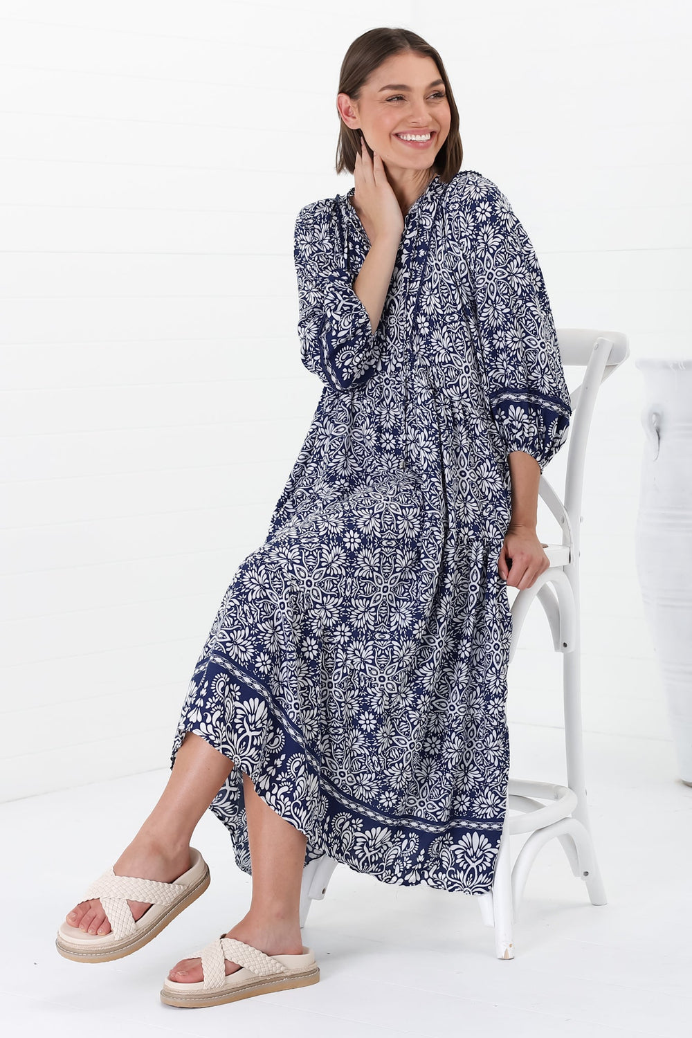 Kamali Midi Dress - Batwing Sleeve Smock Dress with Lace Detailing in Harley Print Blue