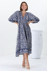 Kamali Midi Dress - Batwing Sleeve Smock Dress with Lace Detailing in Harley Print Blue