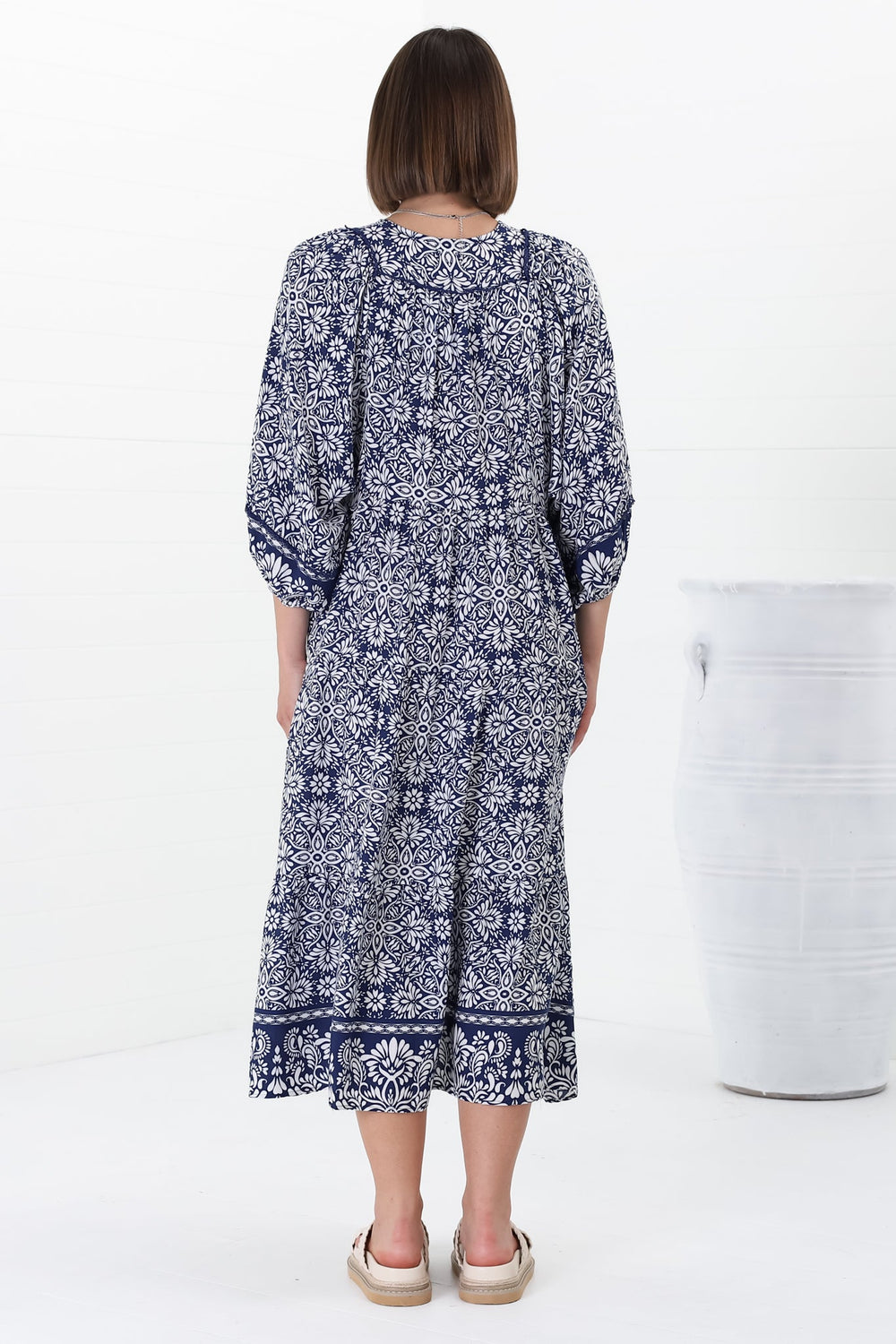 Kamali Midi Dress - Batwing Sleeve Smock Dress with Lace Detailing in Harley Print Blue