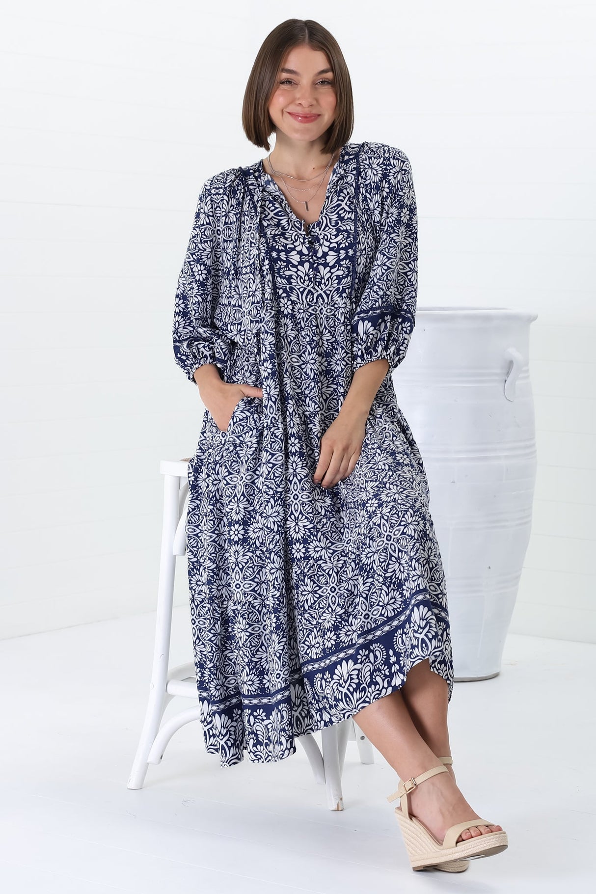 Kamali Midi Dress - Batwing Sleeve Smock Dress with Lace Detailing in Harley Print Blue