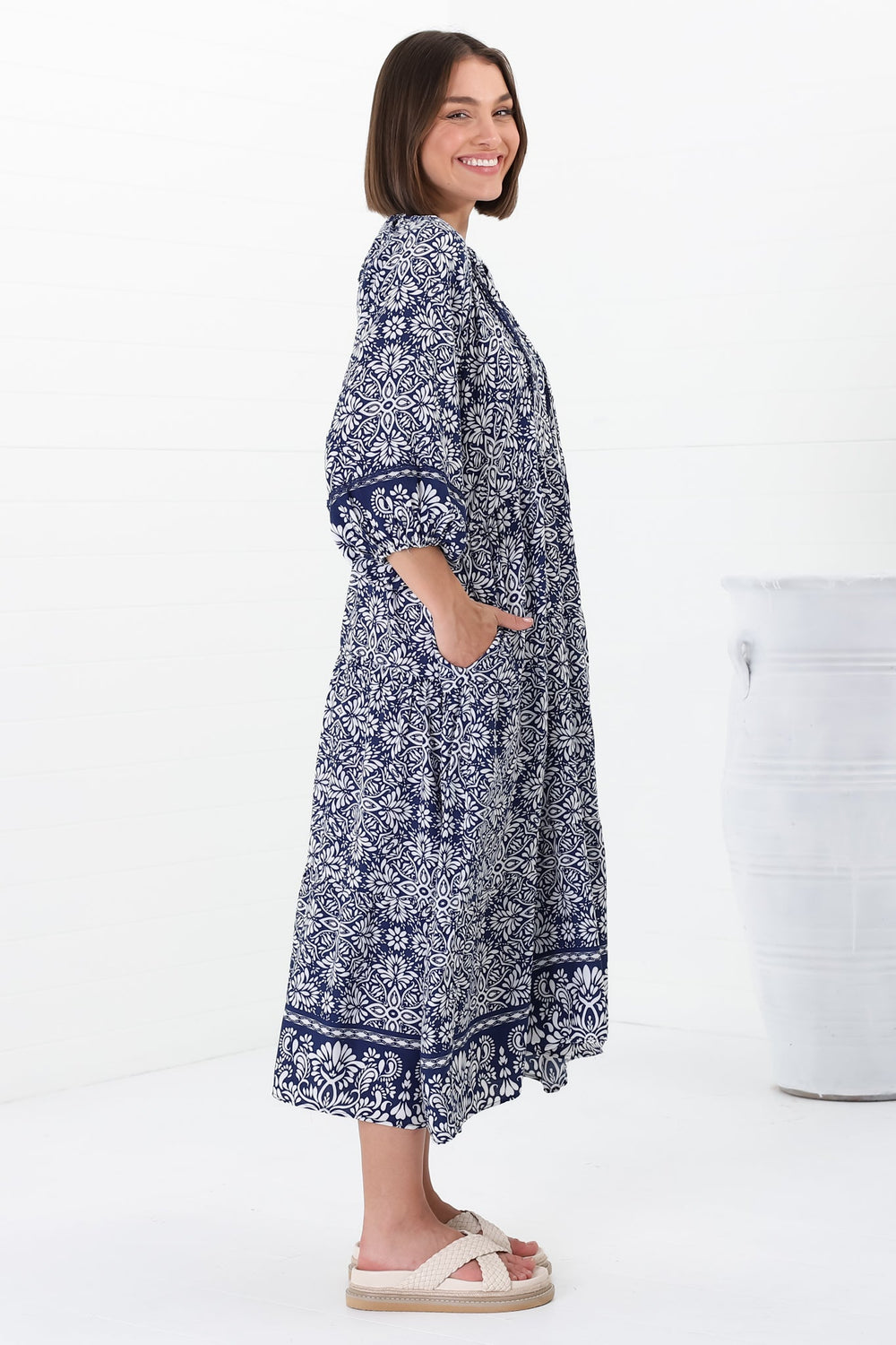 Kamali Midi Dress - Batwing Sleeve Smock Dress with Lace Detailing in Harley Print Blue