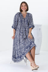 Kamali Midi Dress - Batwing Sleeve Smock Dress with Lace Detailing in Harley Print Blue