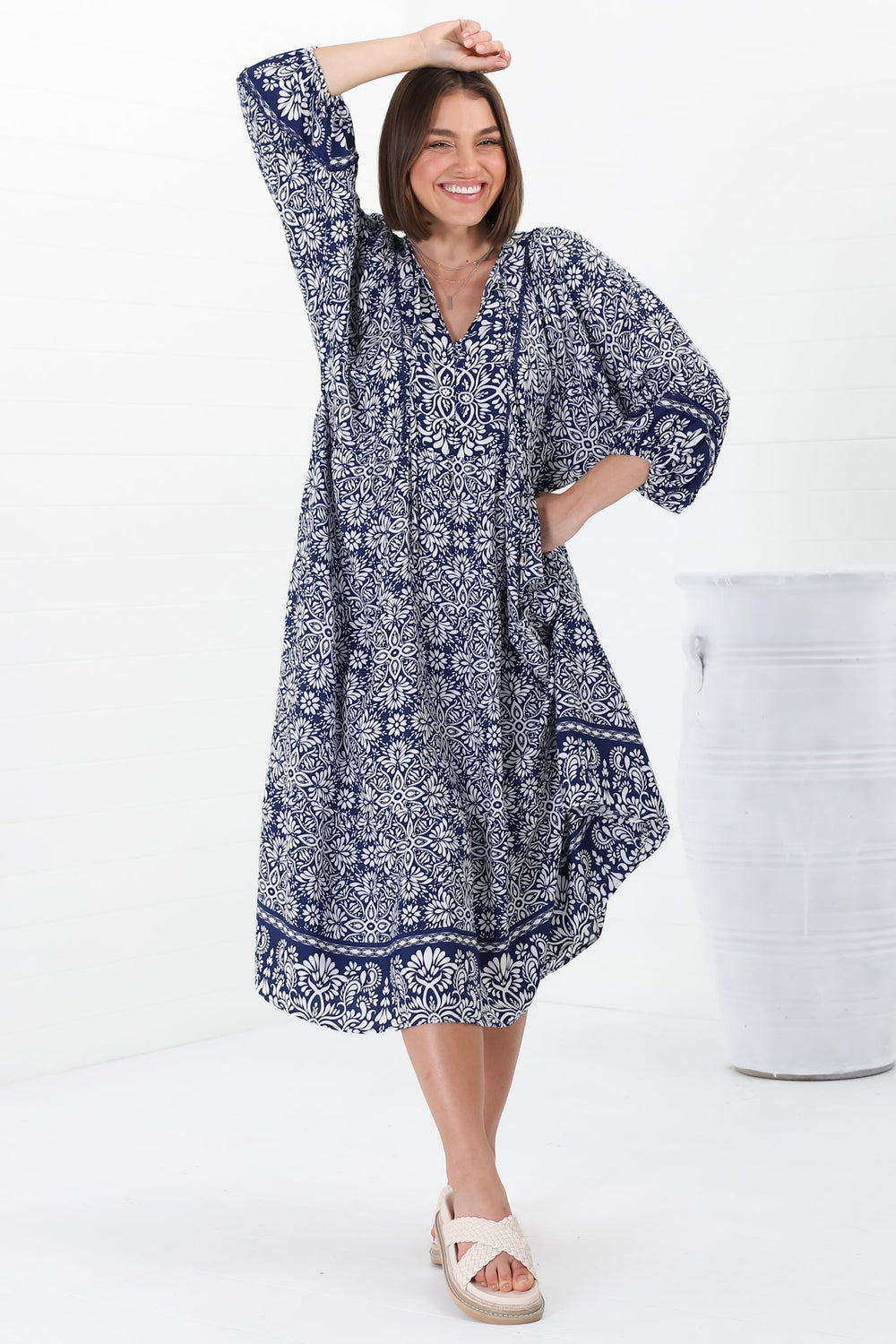 Kamali Midi Dress - Batwing Sleeve Smock Dress with Lace Detailing in Harley Print Blue