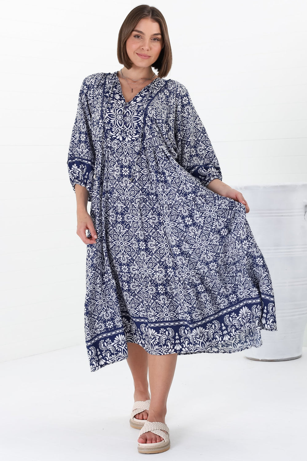 Kamali Midi Dress - Batwing Sleeve Smock Dress with Lace Detailing in Harley Print Blue