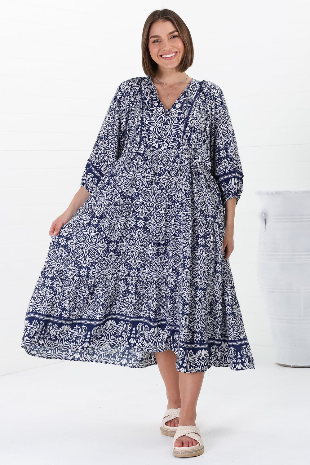 Kamali Midi Dress - Batwing Sleeve Smock Dress with Lace Detailing in Harley Print Blue