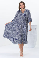 Kamali Midi Dress - Batwing Sleeve Smock Dress with Lace Detailing in Harley Print Blue