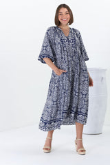 Kamali Midi Dress - Batwing Sleeve Smock Dress with Lace Detailing in Harley Print Blue