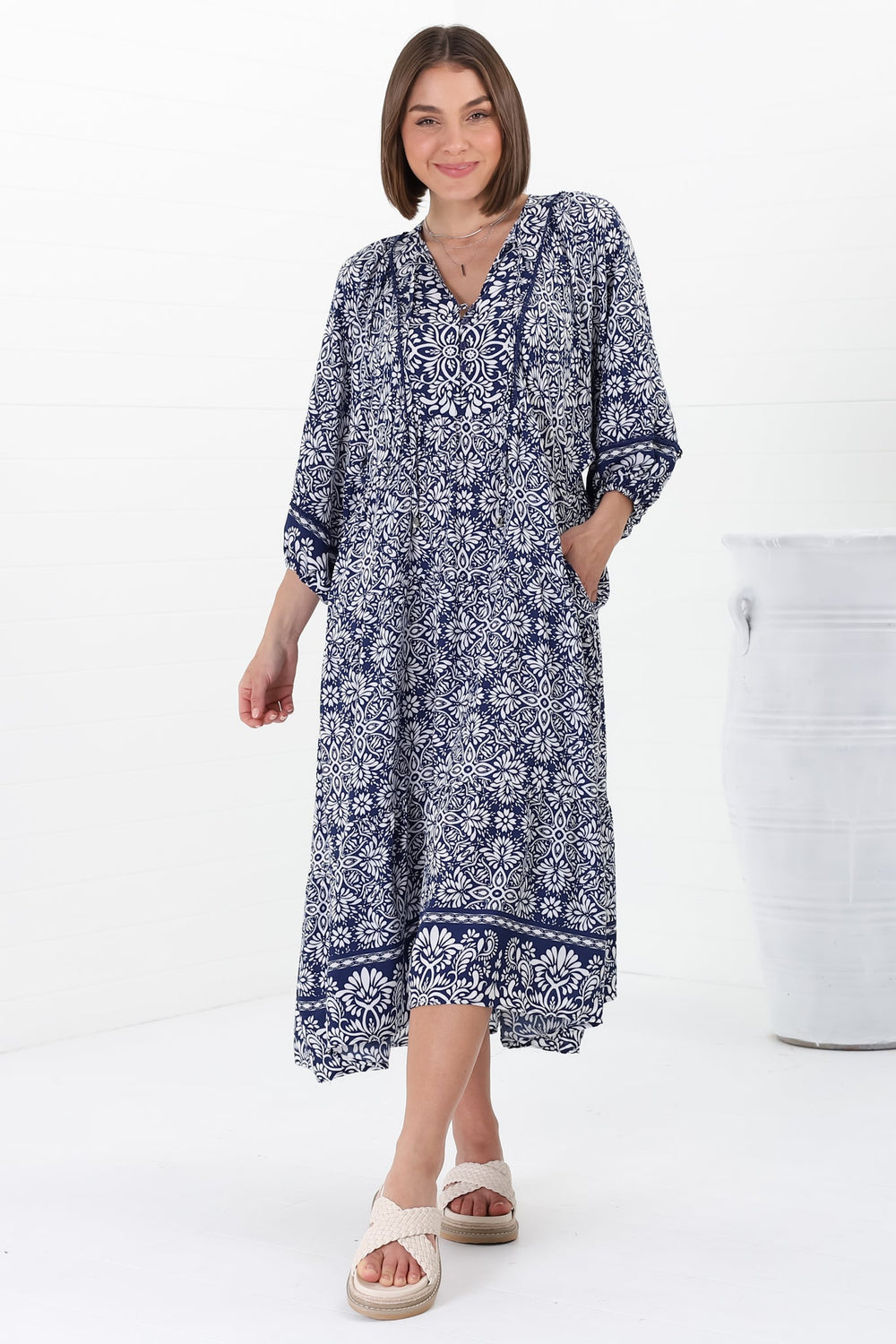 Kamali Midi Dress - Batwing Sleeve Smock Dress with Lace Detailing in Harley Print Blue