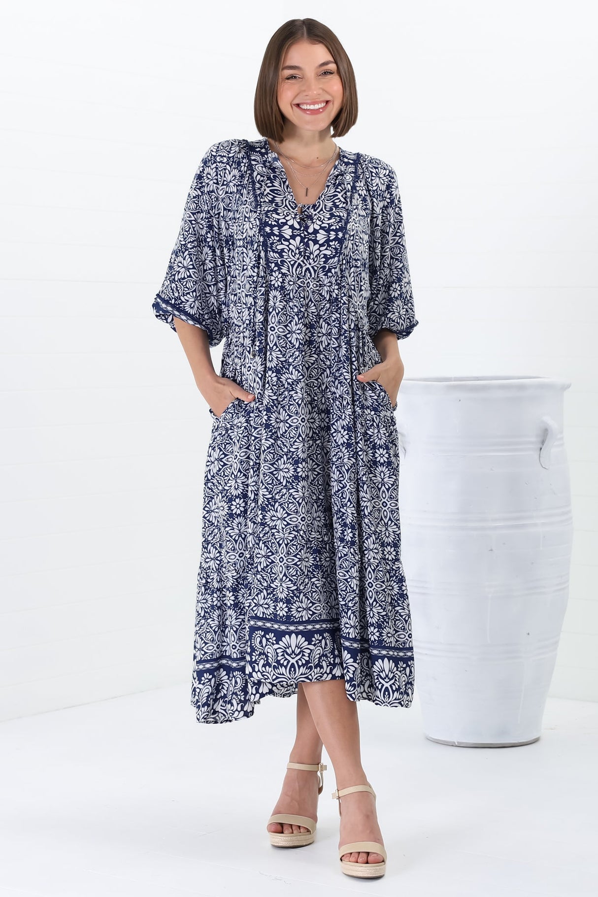 Kamali Midi Dress - Batwing Sleeve Smock Dress with Lace Detailing in Harley Print Blue