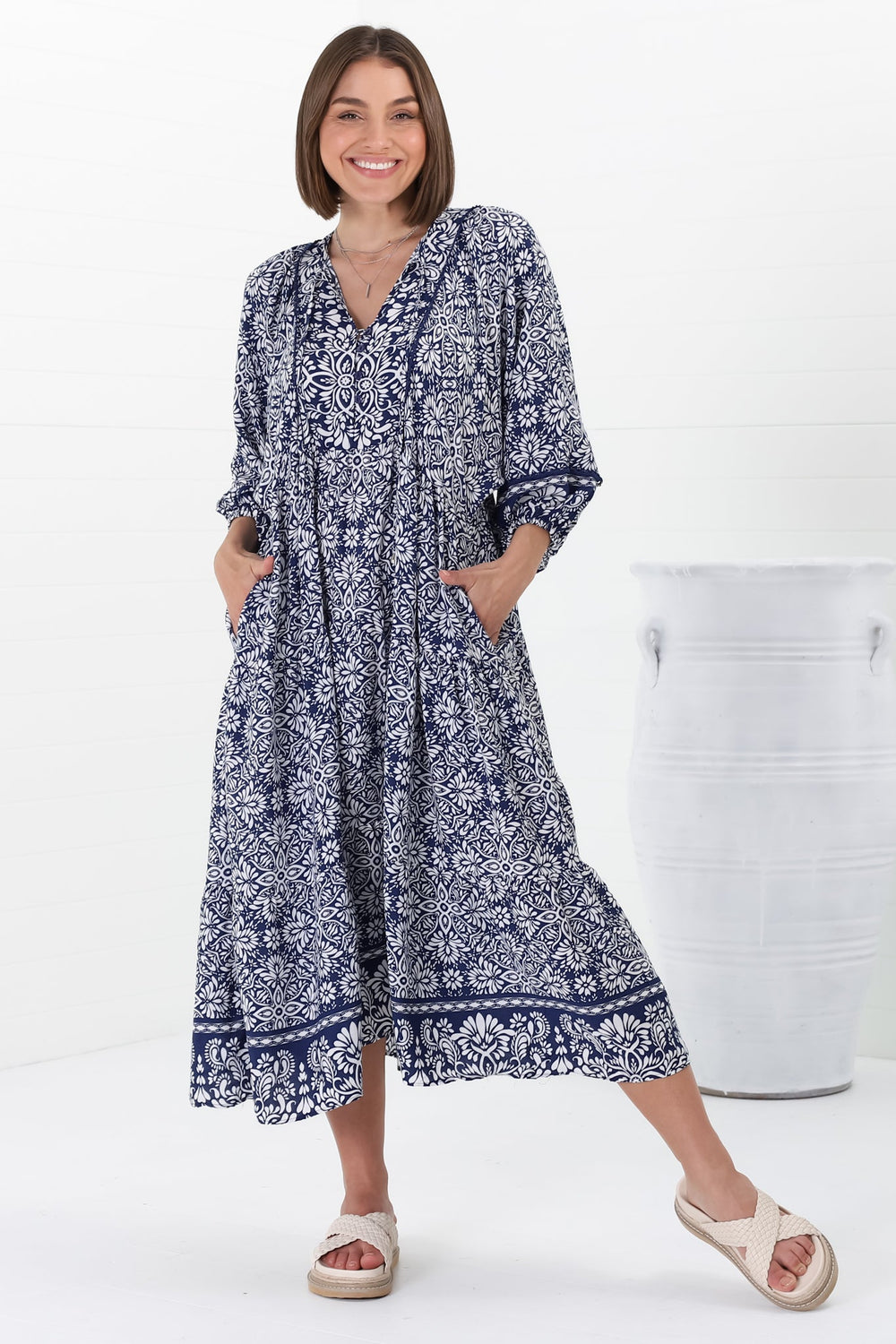 Kamali Midi Dress - Batwing Sleeve Smock Dress with Lace Detailing in Harley Print Blue