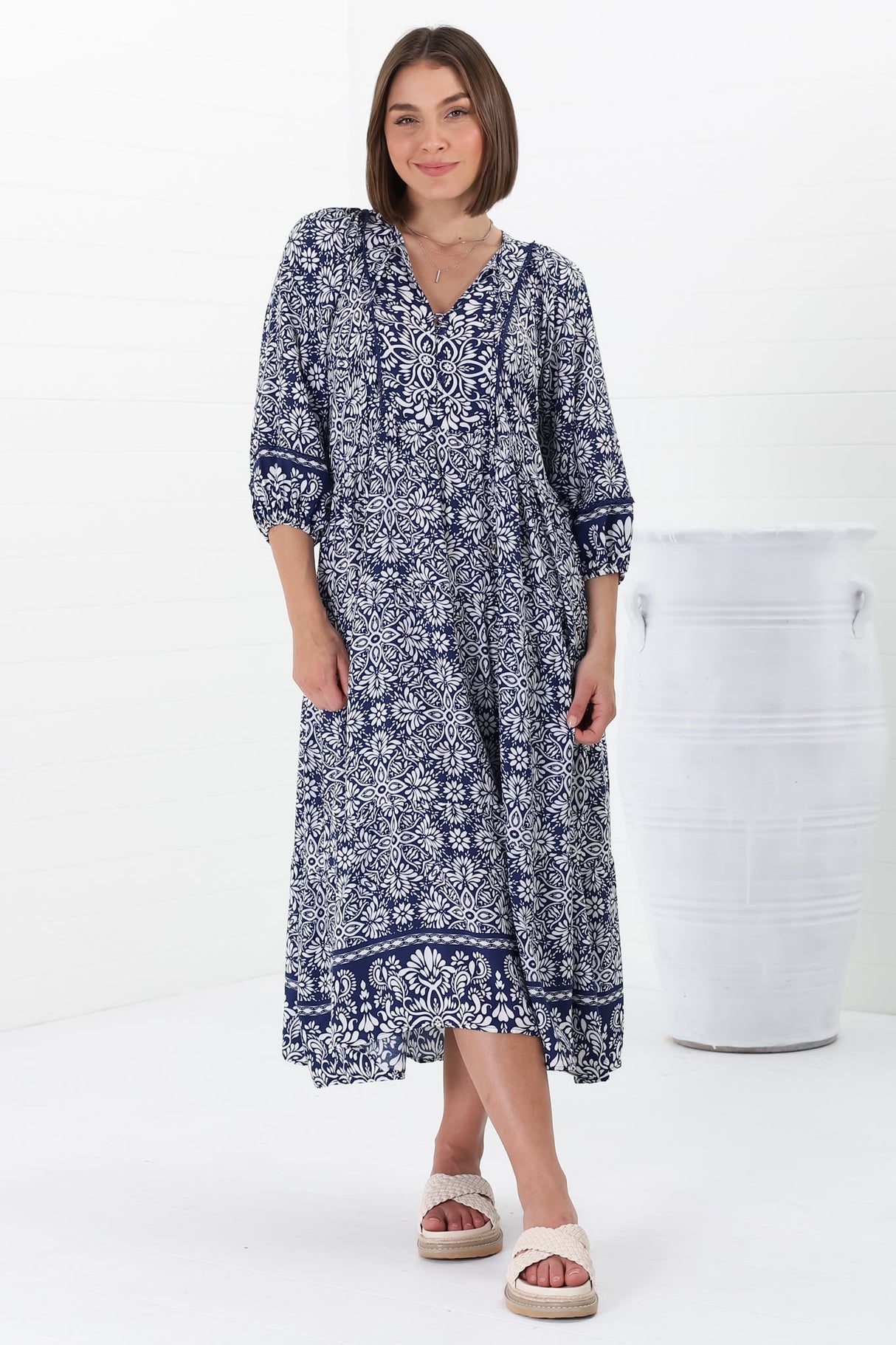 Kamali Midi Dress - Batwing Sleeve Smock Dress with Lace Detailing in Harley Print Blue