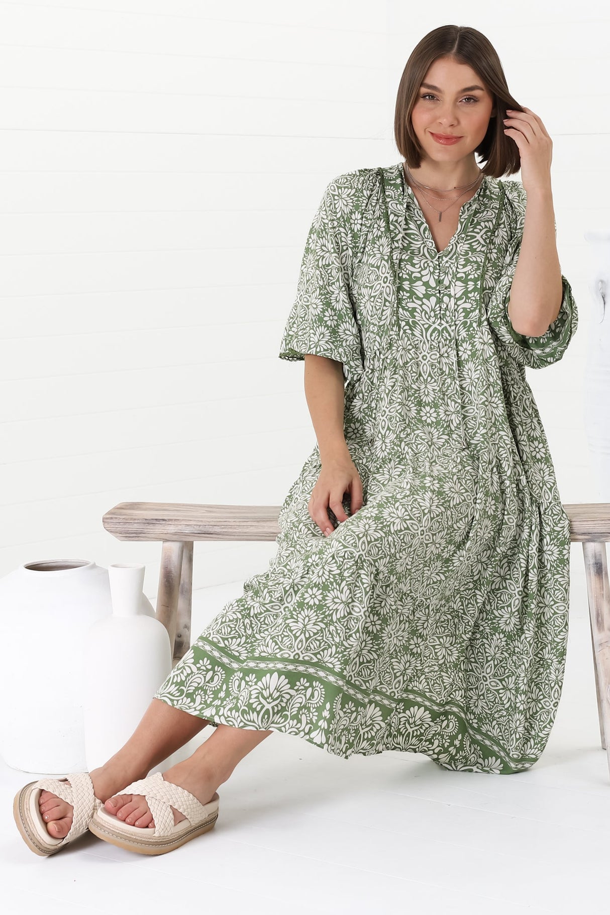 Kamali Midi Dress - Batwing Sleeve Smock Dress with Lace Detailing in Harley Print Green