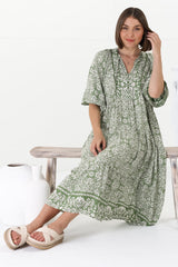 Kamali Midi Dress - Batwing Sleeve Smock Dress with Lace Detailing in Harley Print Green