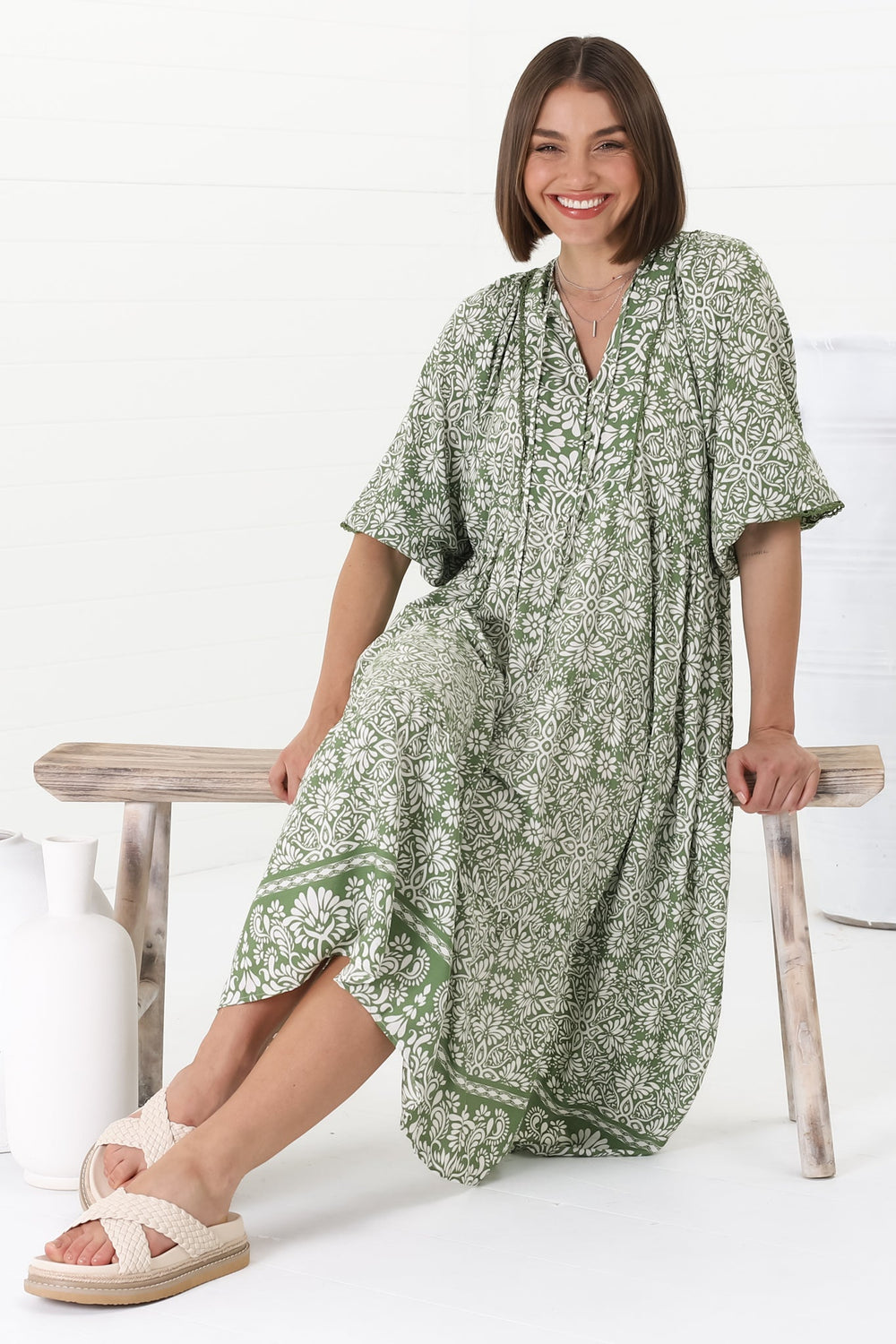 Kamali Midi Dress - Batwing Sleeve Smock Dress with Lace Detailing in Harley Print Green