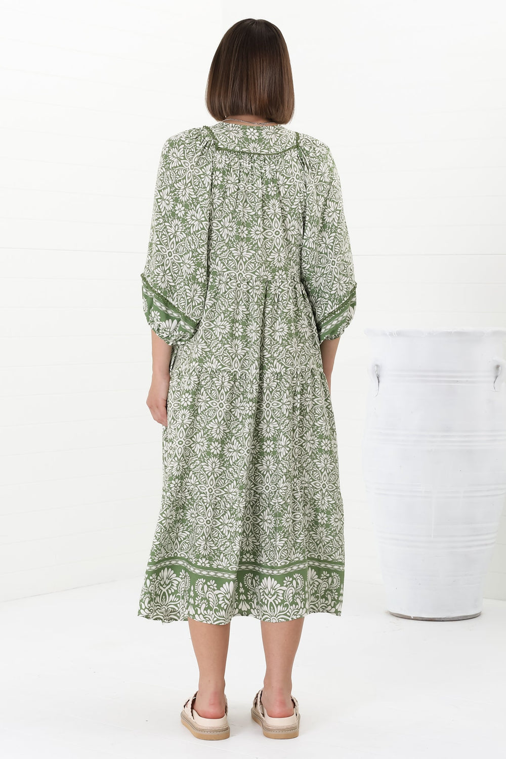 Kamali Midi Dress - Batwing Sleeve Smock Dress with Lace Detailing in Harley Print Green