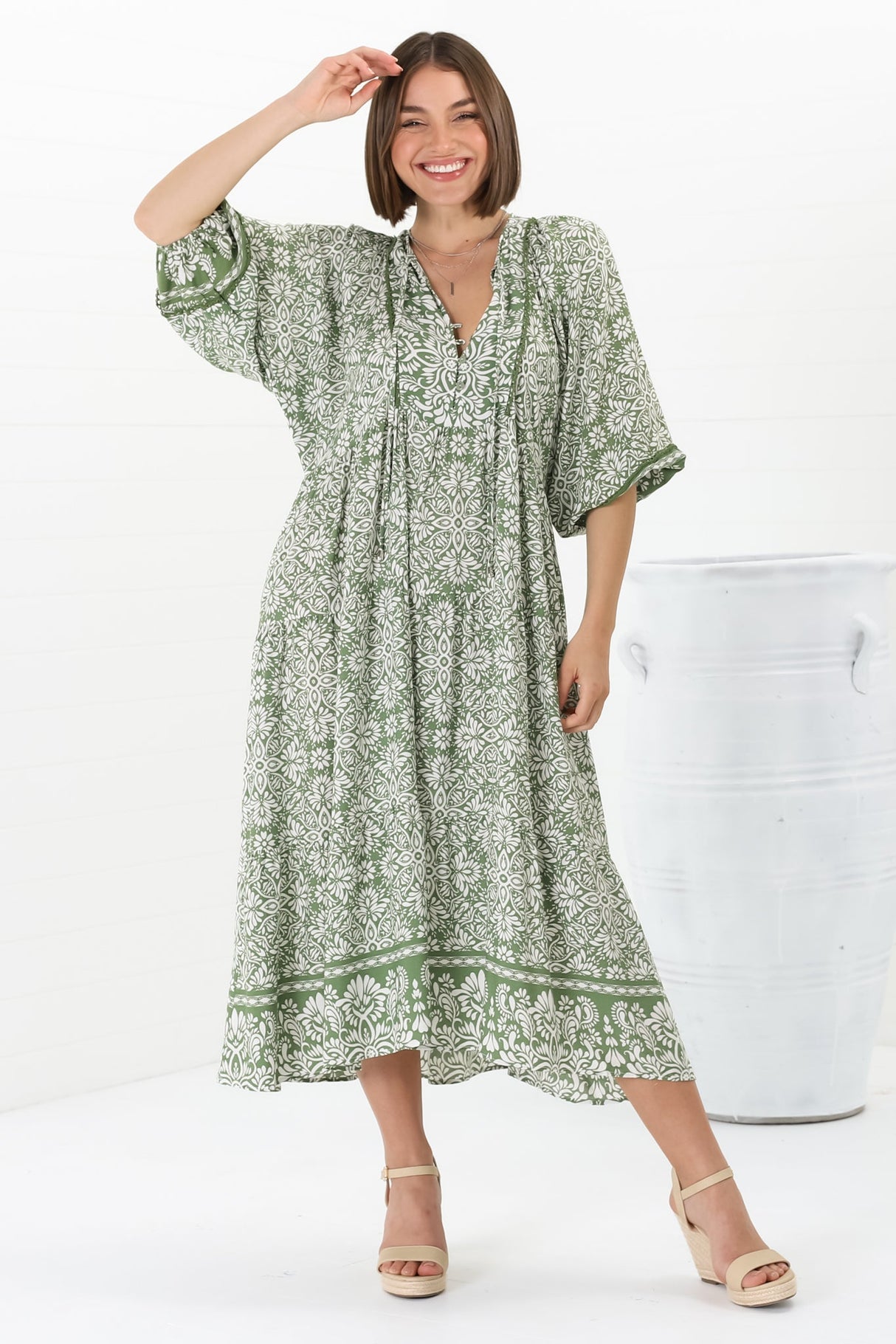 Kamali Midi Dress - Batwing Sleeve Smock Dress with Lace Detailing in Harley Print Green