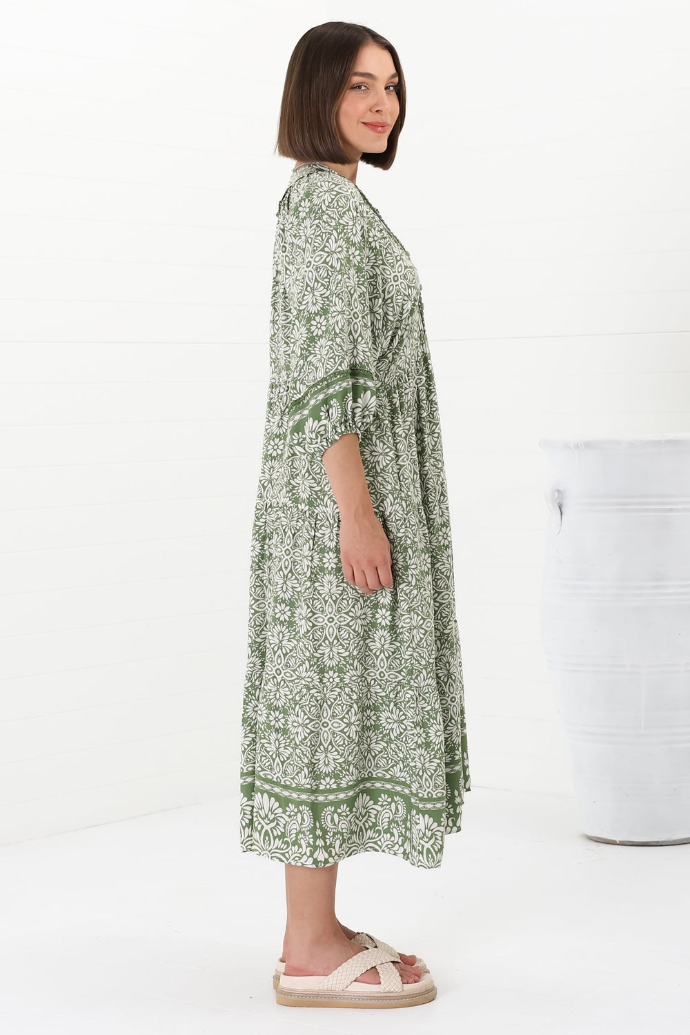 Kamali Midi Dress - Batwing Sleeve Smock Dress with Lace Detailing in Harley Print Green