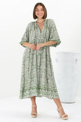 Kamali Midi Dress - Batwing Sleeve Smock Dress with Lace Detailing in Harley Print Green