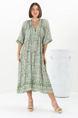 Kamali Midi Dress - Batwing Sleeve Smock Dress with Lace Detailing in Harley Print Green