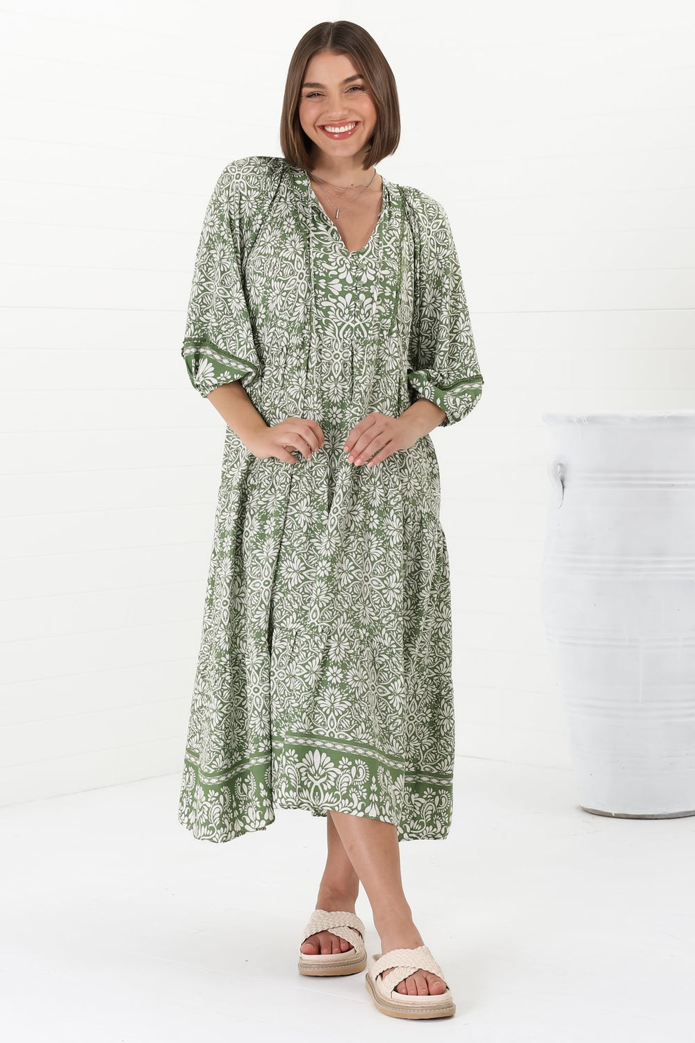 Kamali Midi Dress - Batwing Sleeve Smock Dress with Lace Detailing in Harley Print Green