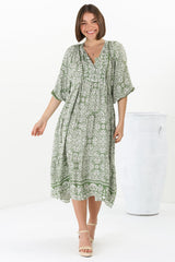 Kamali Midi Dress - Batwing Sleeve Smock Dress with Lace Detailing in Harley Print Green