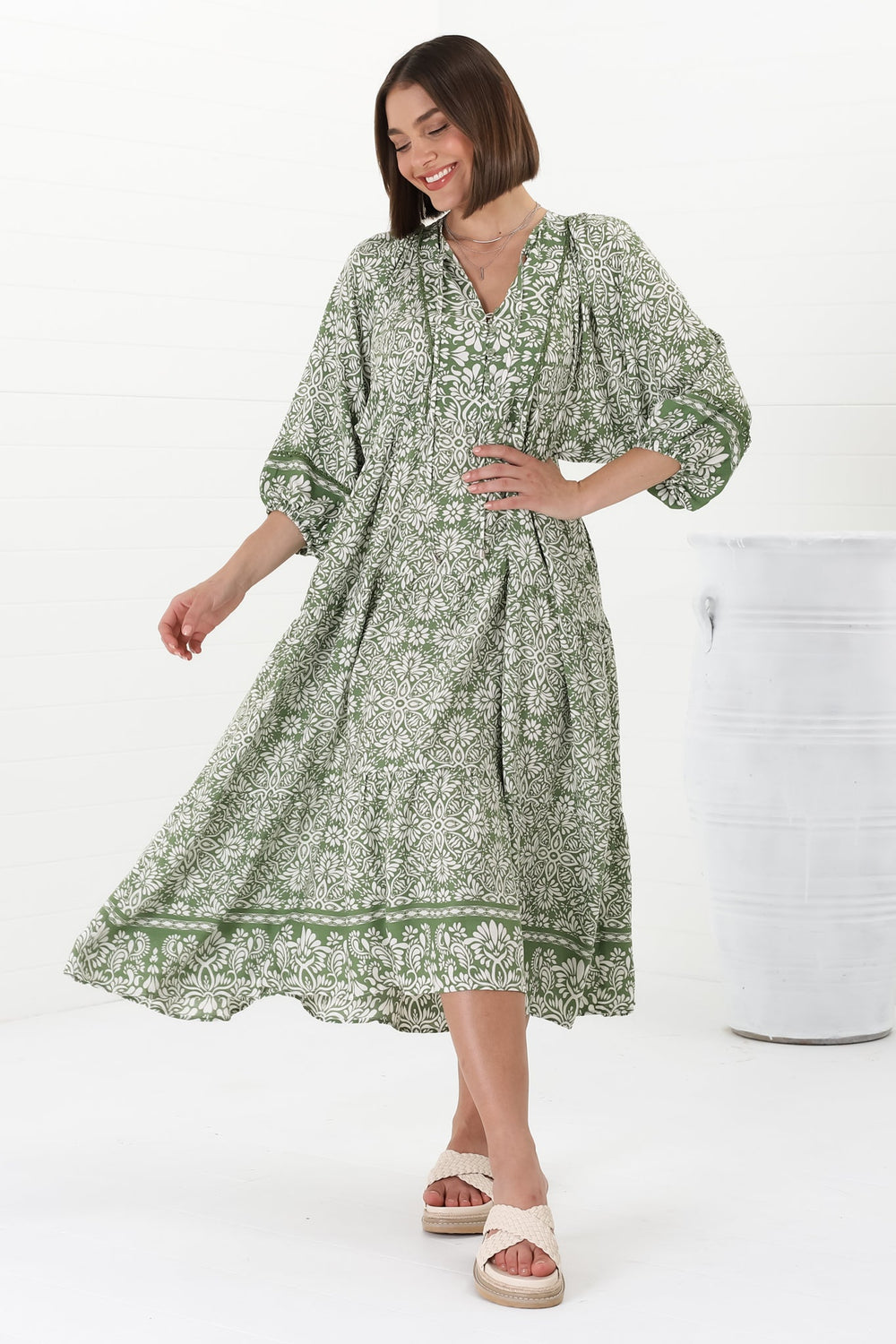 Kamali Midi Dress - Batwing Sleeve Smock Dress with Lace Detailing in Harley Print Green