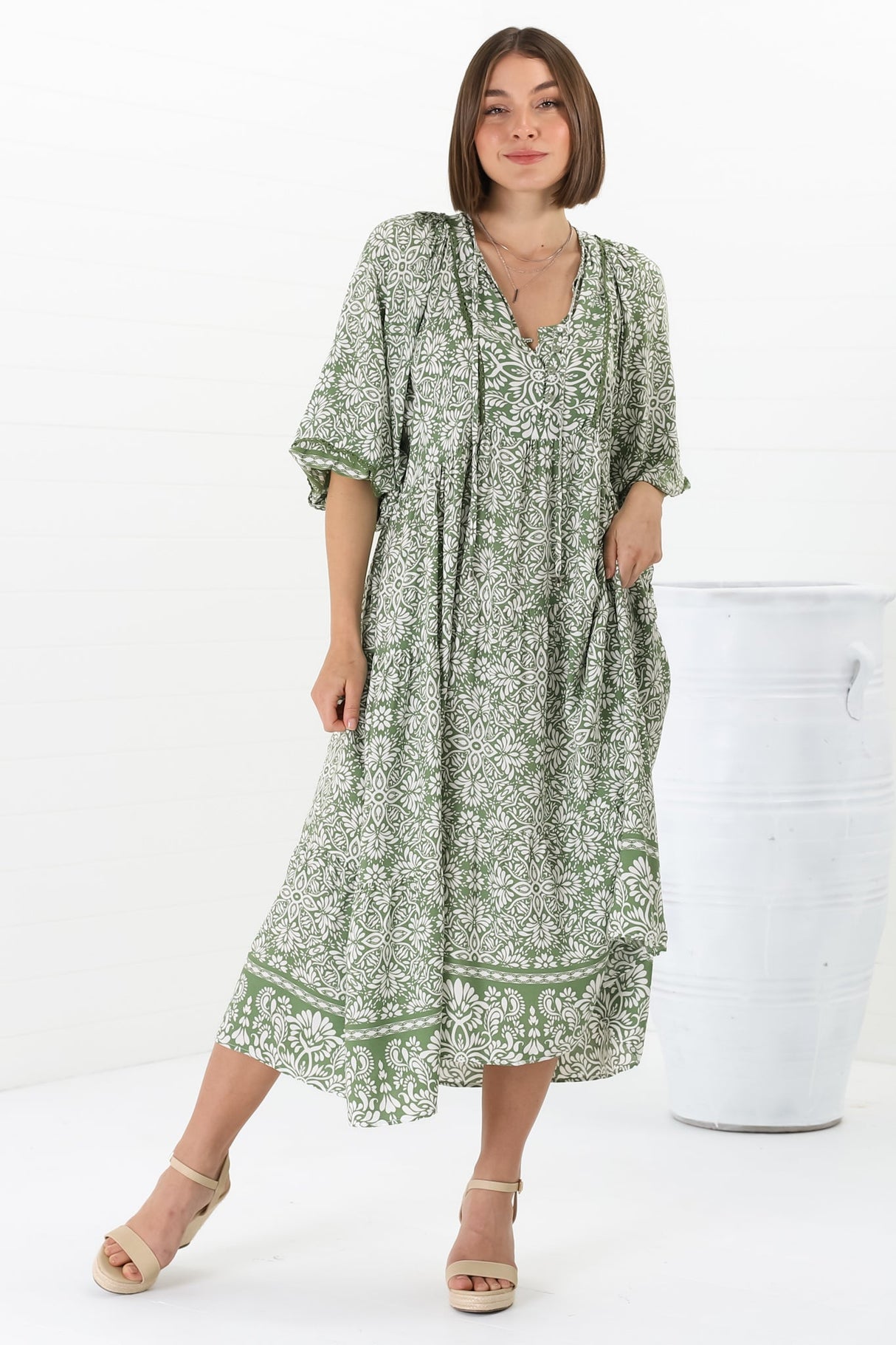 Kamali Midi Dress - Batwing Sleeve Smock Dress with Lace Detailing in Harley Print Green