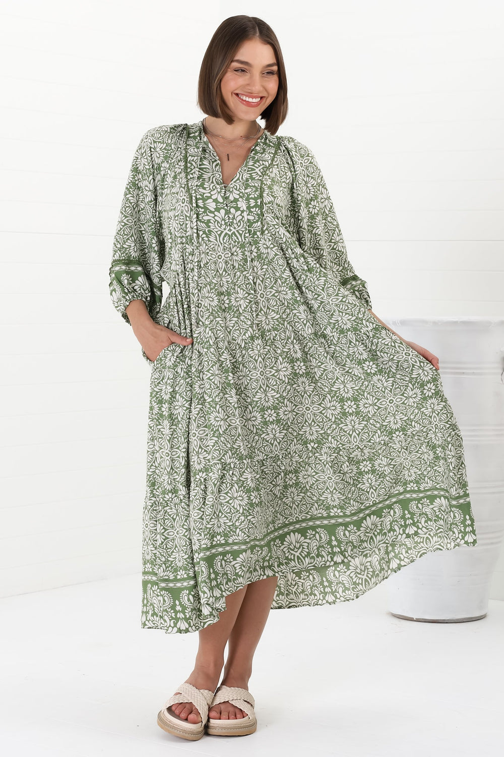Kamali Midi Dress - Batwing Sleeve Smock Dress with Lace Detailing in Harley Print Green