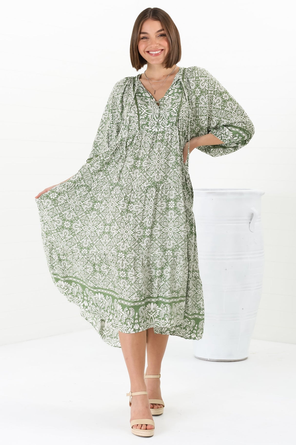 Kamali Midi Dress - Batwing Sleeve Smock Dress with Lace Detailing in Harley Print Green