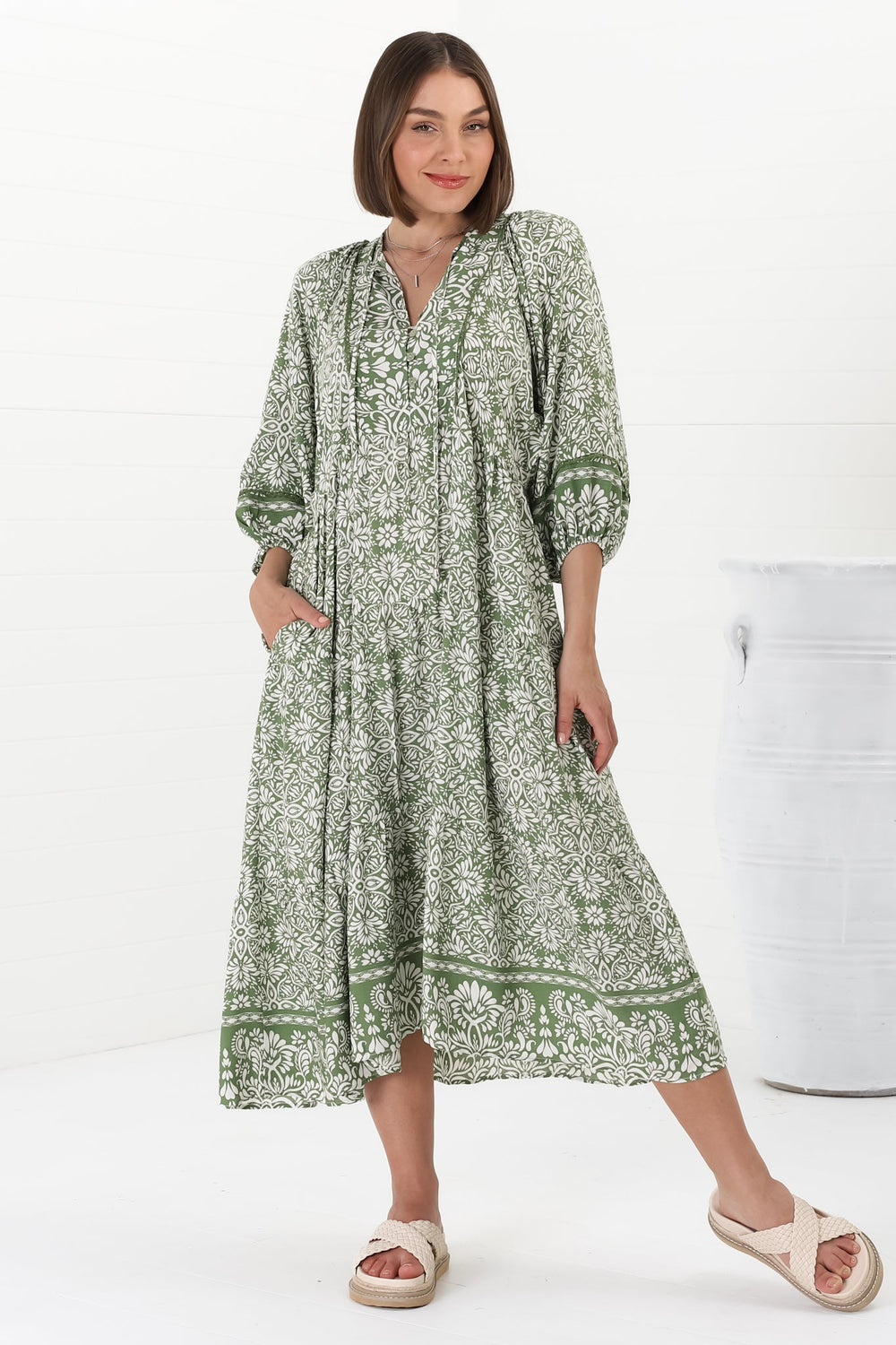 Kamali Midi Dress - Batwing Sleeve Smock Dress with Lace Detailing in Harley Print Green