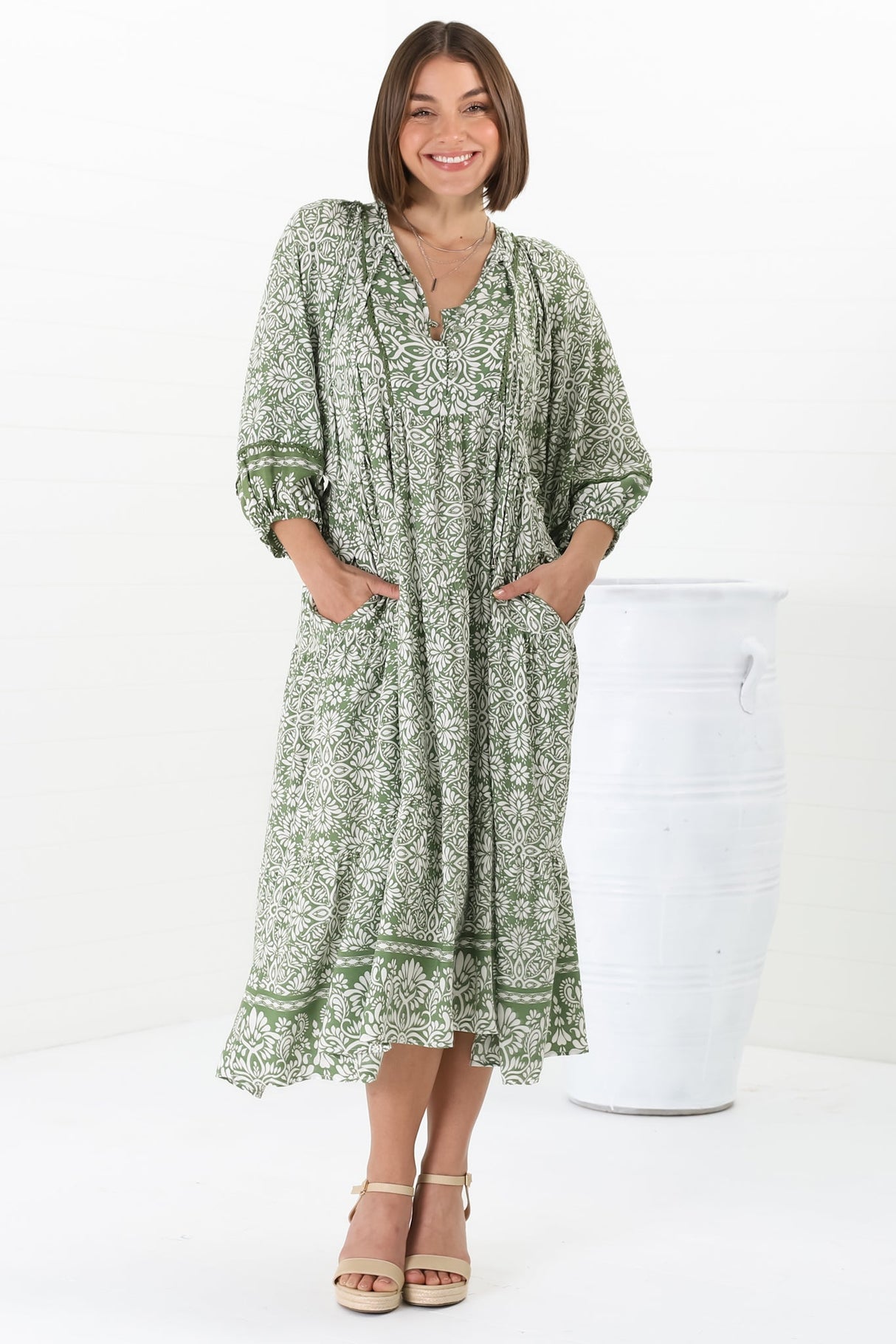 Kamali Midi Dress - Batwing Sleeve Smock Dress with Lace Detailing in Harley Print Green