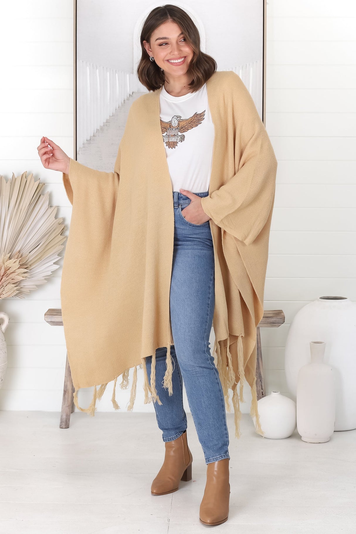 Kamdyn Poncho - Slouch Shoulder Throw Over Poncho in Camel