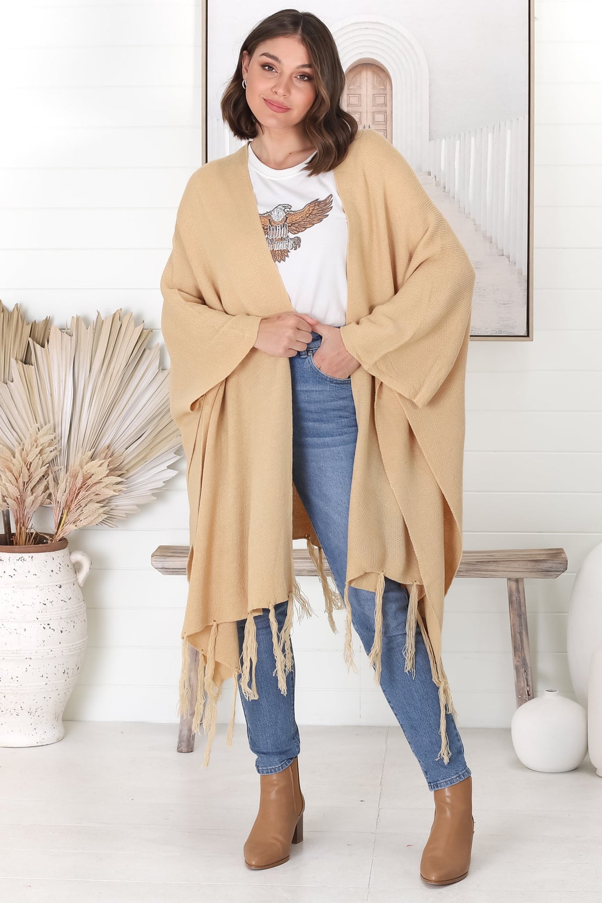 Kamdyn Poncho - Slouch Shoulder Throw Over Poncho in Camel