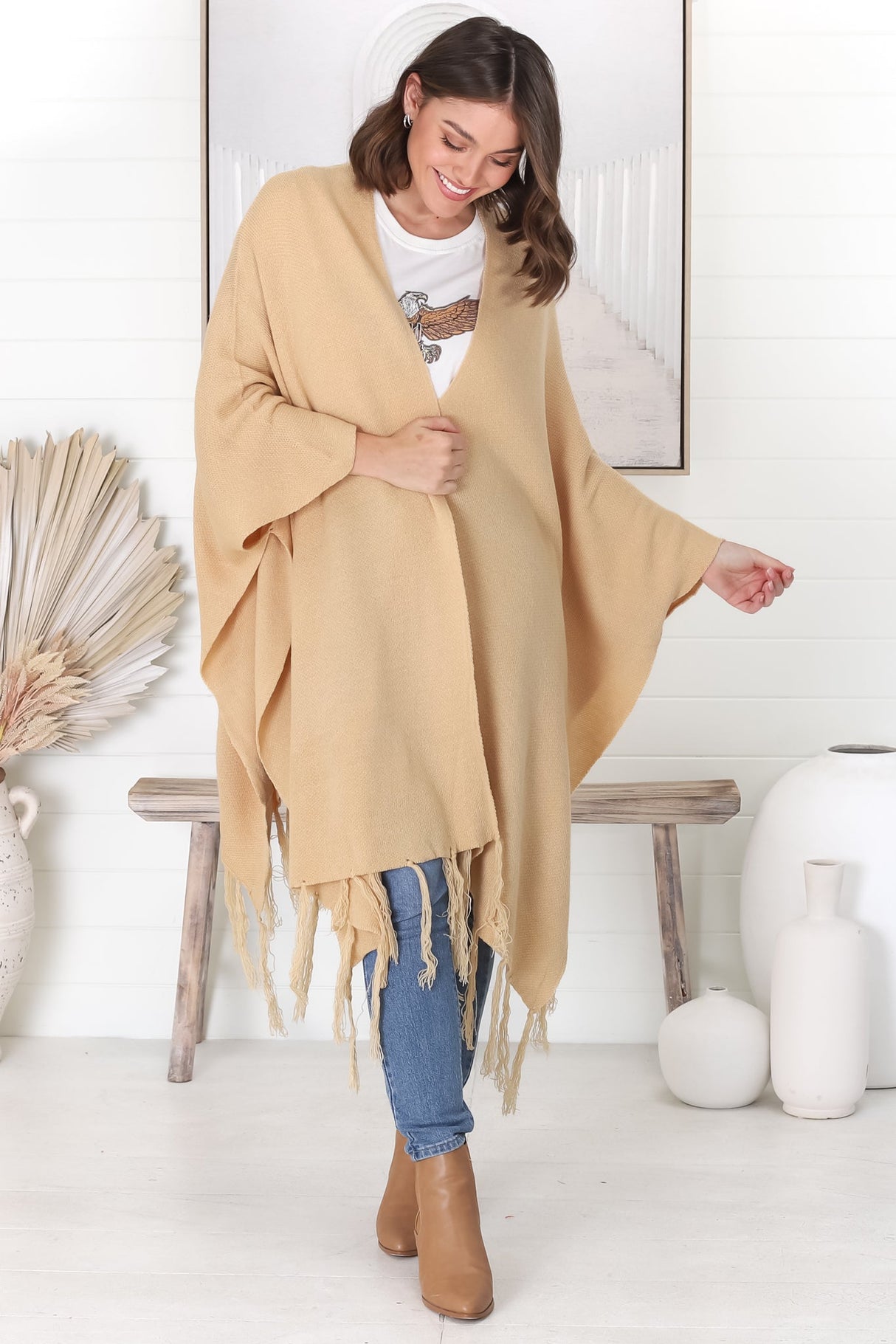 Kamdyn Poncho - Slouch Shoulder Throw Over Poncho in Camel