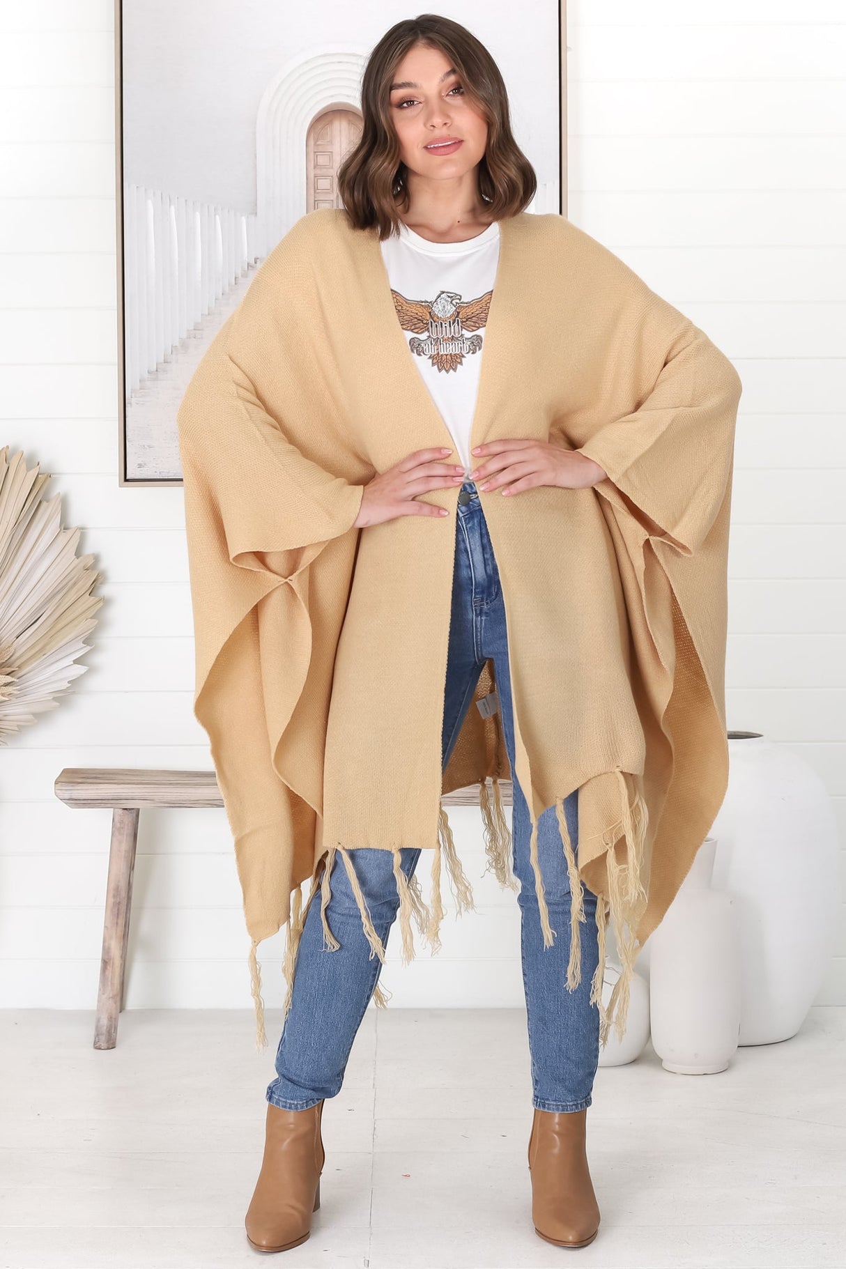 Kamdyn Poncho - Slouch Shoulder Throw Over Poncho in Camel