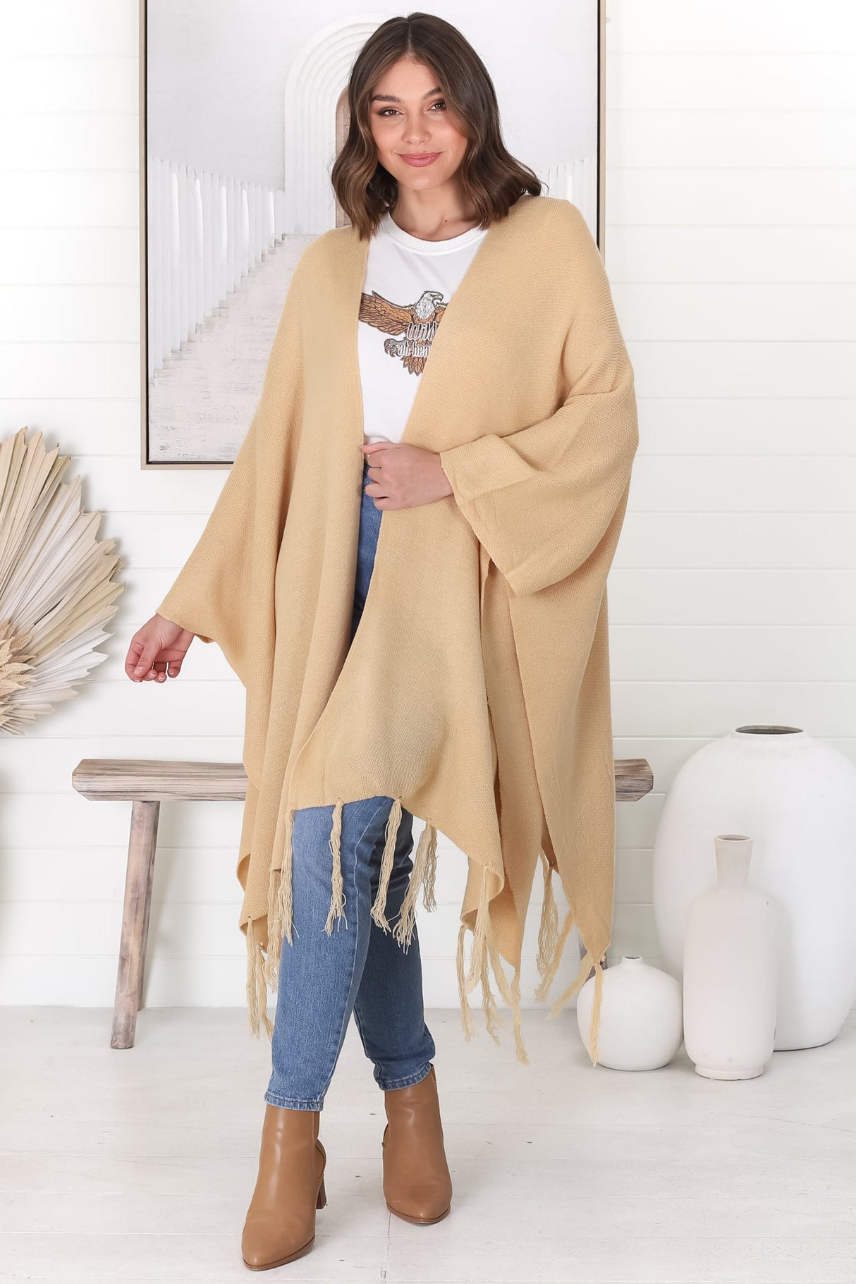 Kamdyn Poncho - Slouch Shoulder Throw Over Poncho in Camel