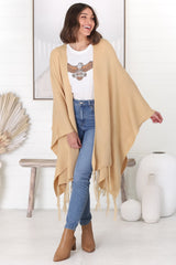 Kamdyn Poncho - Slouch Shoulder Throw Over Poncho in Camel