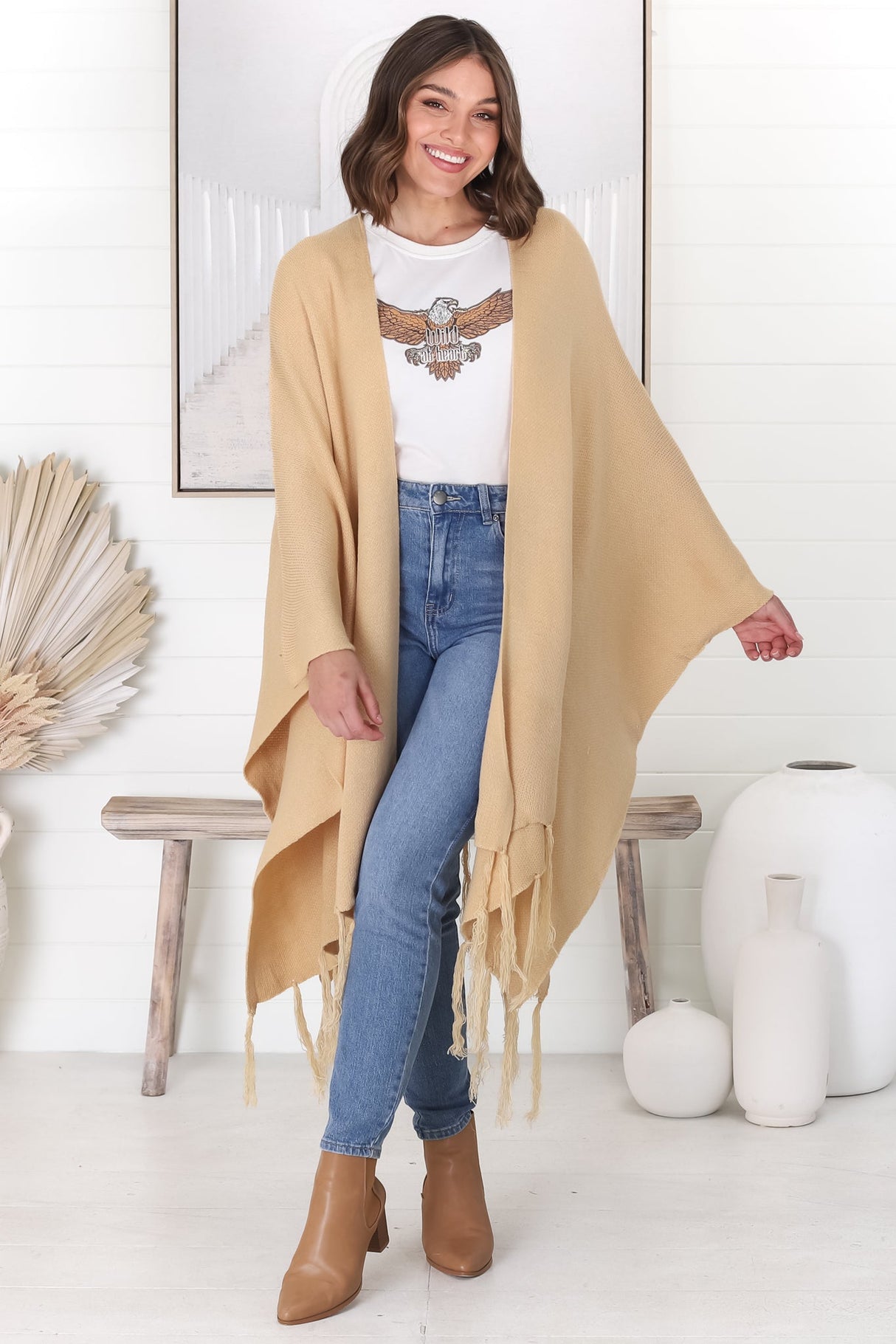 Kamdyn Poncho - Slouch Shoulder Throw Over Poncho in Camel