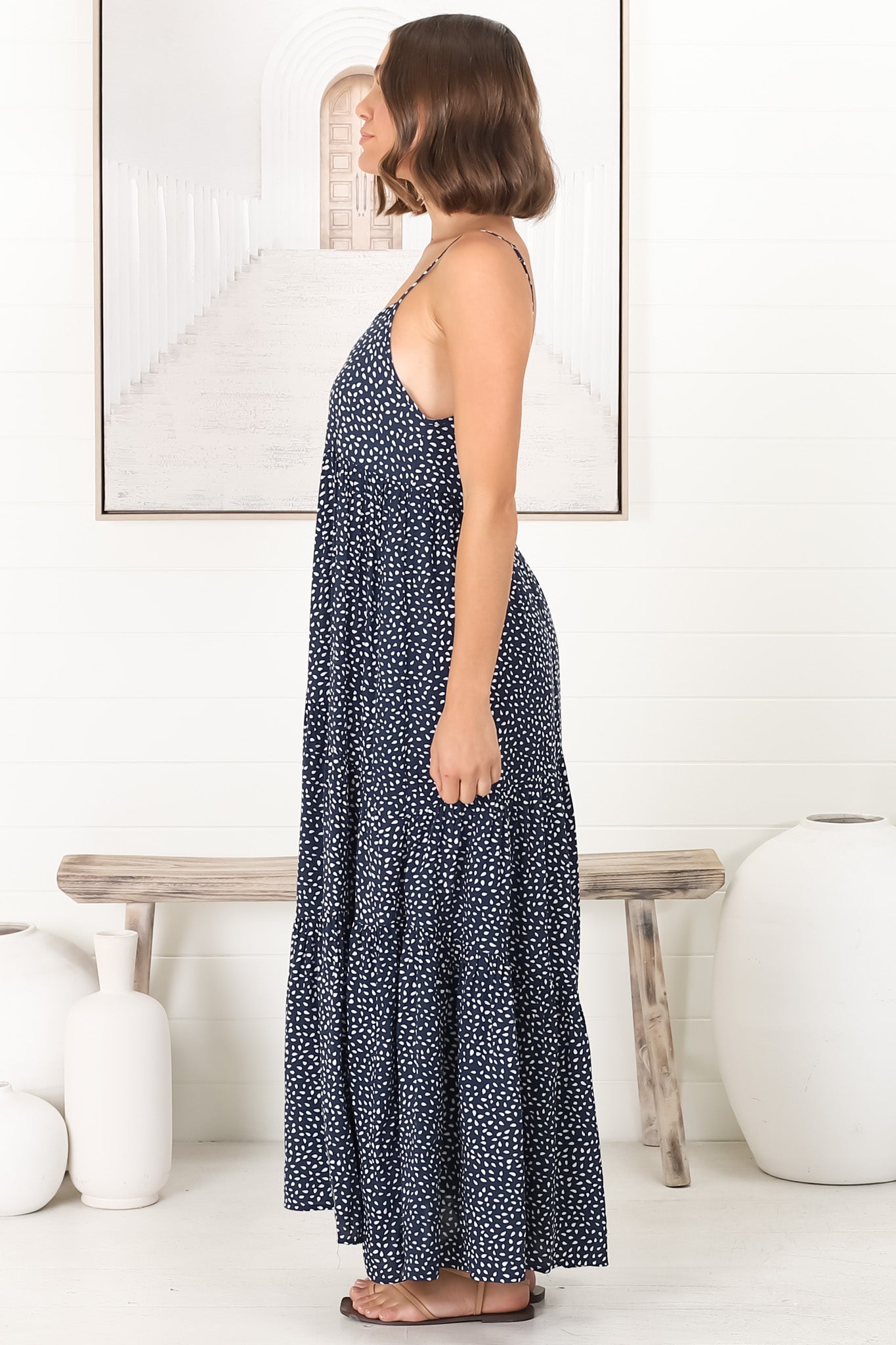 Kana Maxi Dress - Spaghetti Strap Asymmetric Tiered Dress in Bell Print